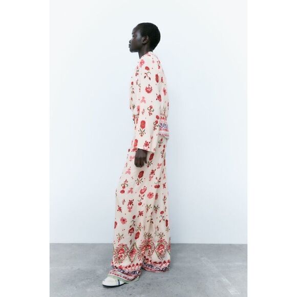 NWT Zara Floral Print High Waisted Pull On Wide Leg Trousers, Size Small - Picture 3 of 16